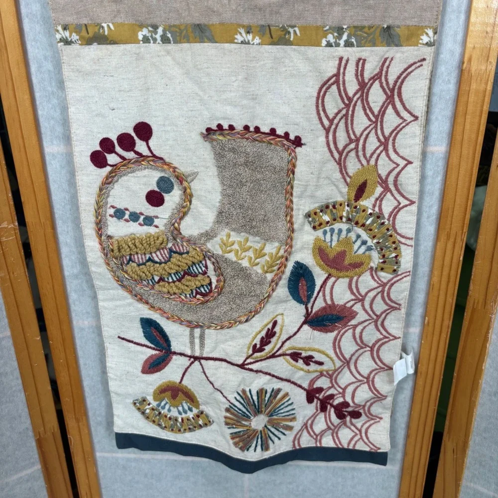 Pier 1 Imports Table Runner 13x72 Tan Embroidered Boho Floral Bird Applique